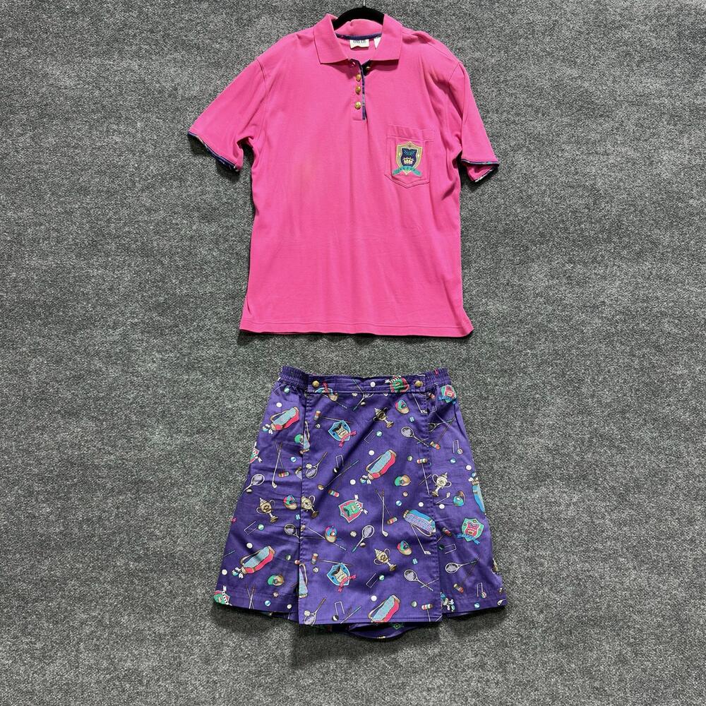LINE-UP 2 Piece Polo Shirt Skort Set Womens M L Pink Purple Golf Graphic Print